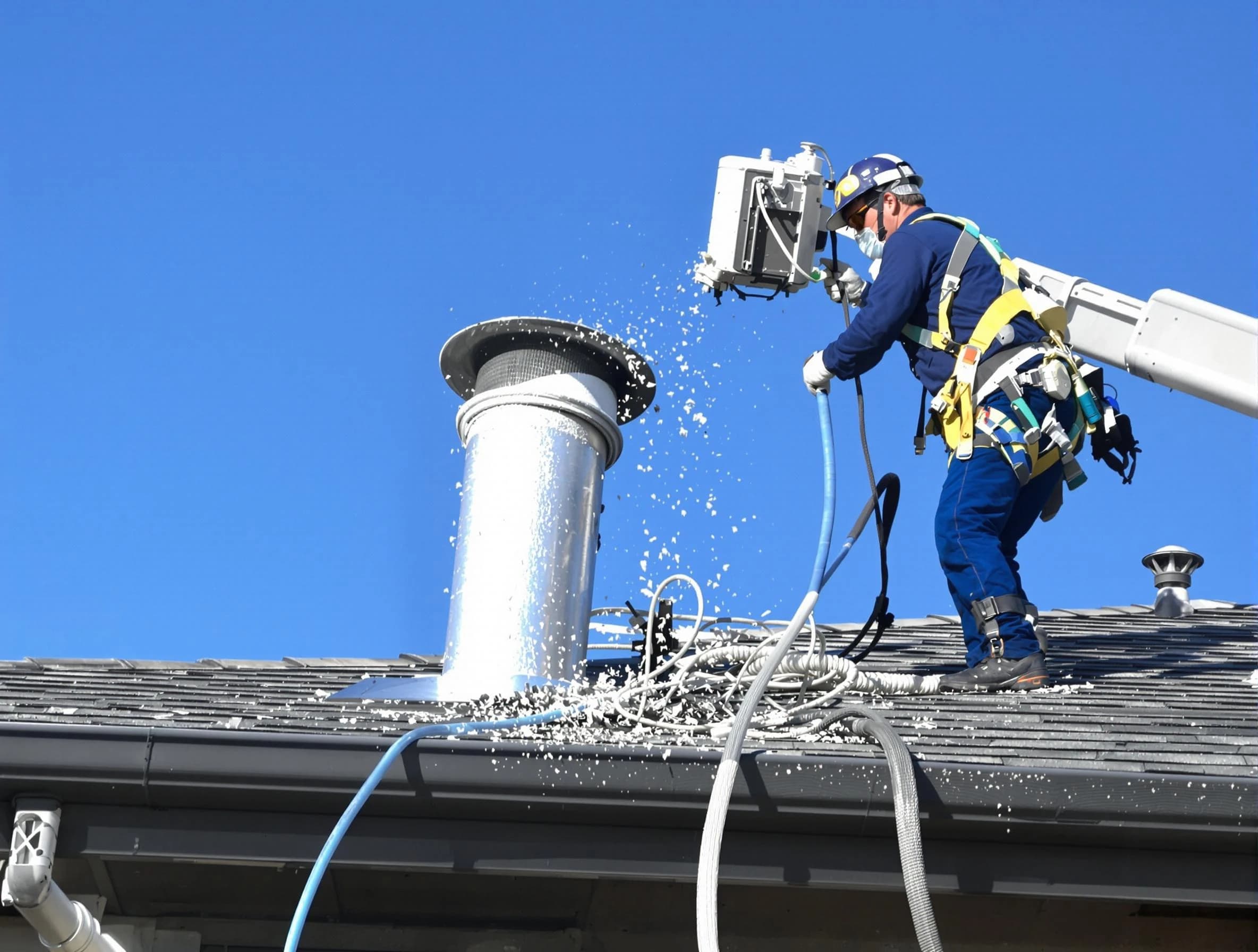 Fitchburg Dryer Vent Cleaning certified technician safely cleaning a roof-mounted dryer vent in Fitchburg