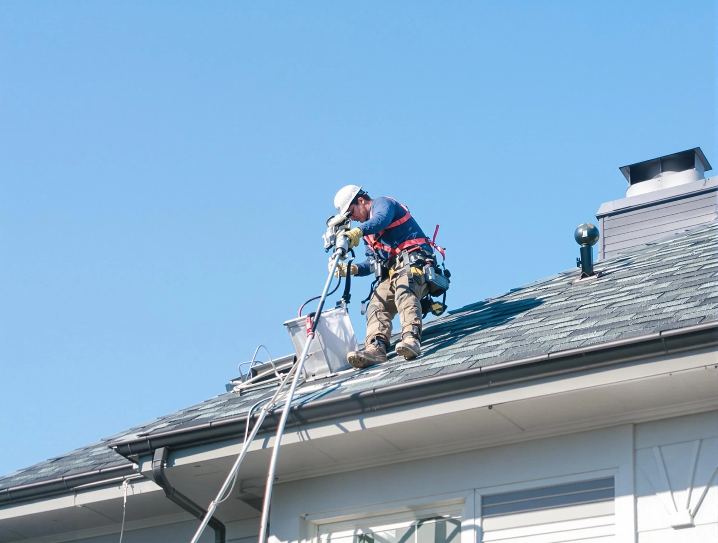 Fitchburg Dryer Vent Cleaning certified technician cleaning a roof-mounted dryer vent system in Fitchburg
