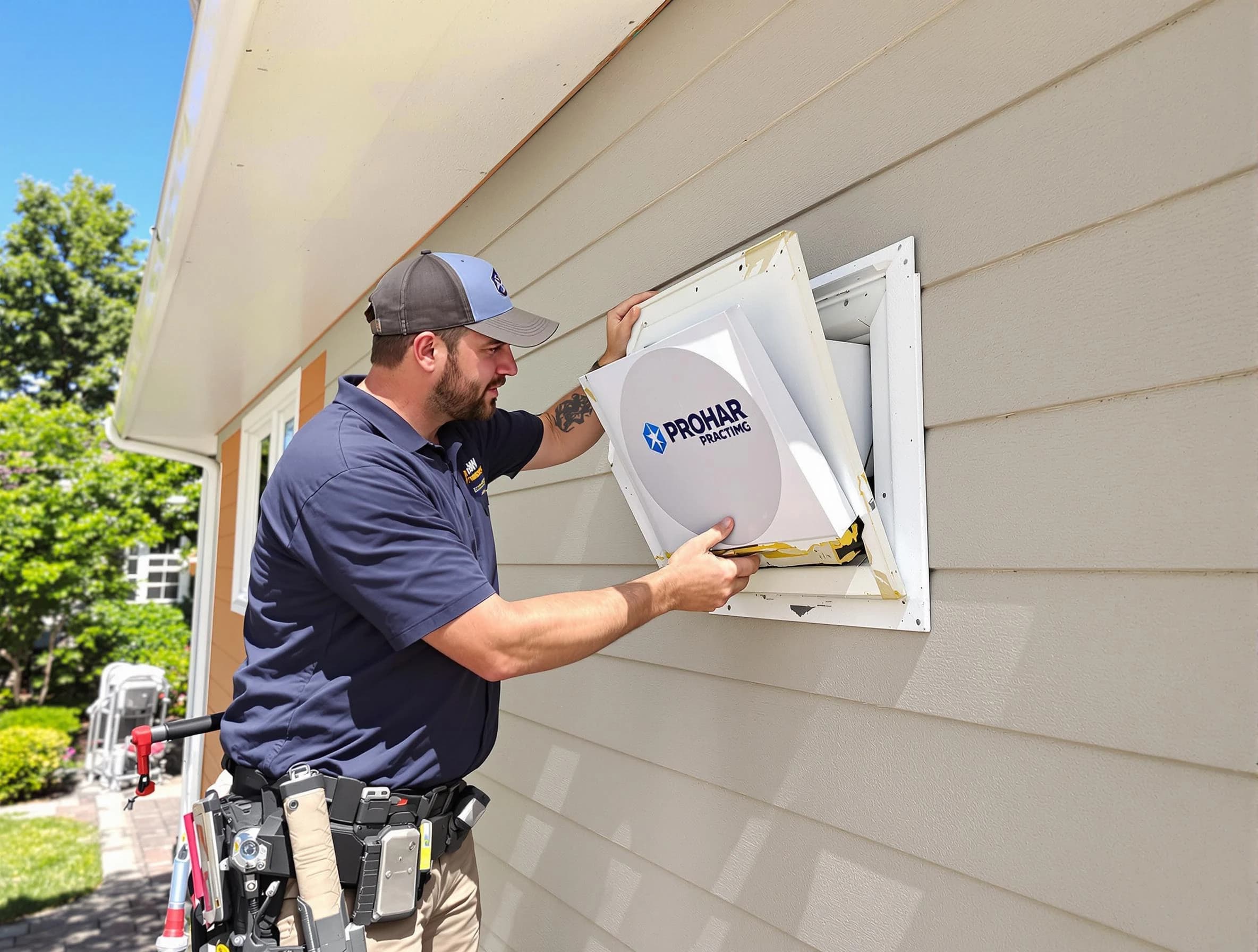 Fitchburg Dryer Vent Cleaning technician installing a new protective dryer vent cover on a home in Fitchburg