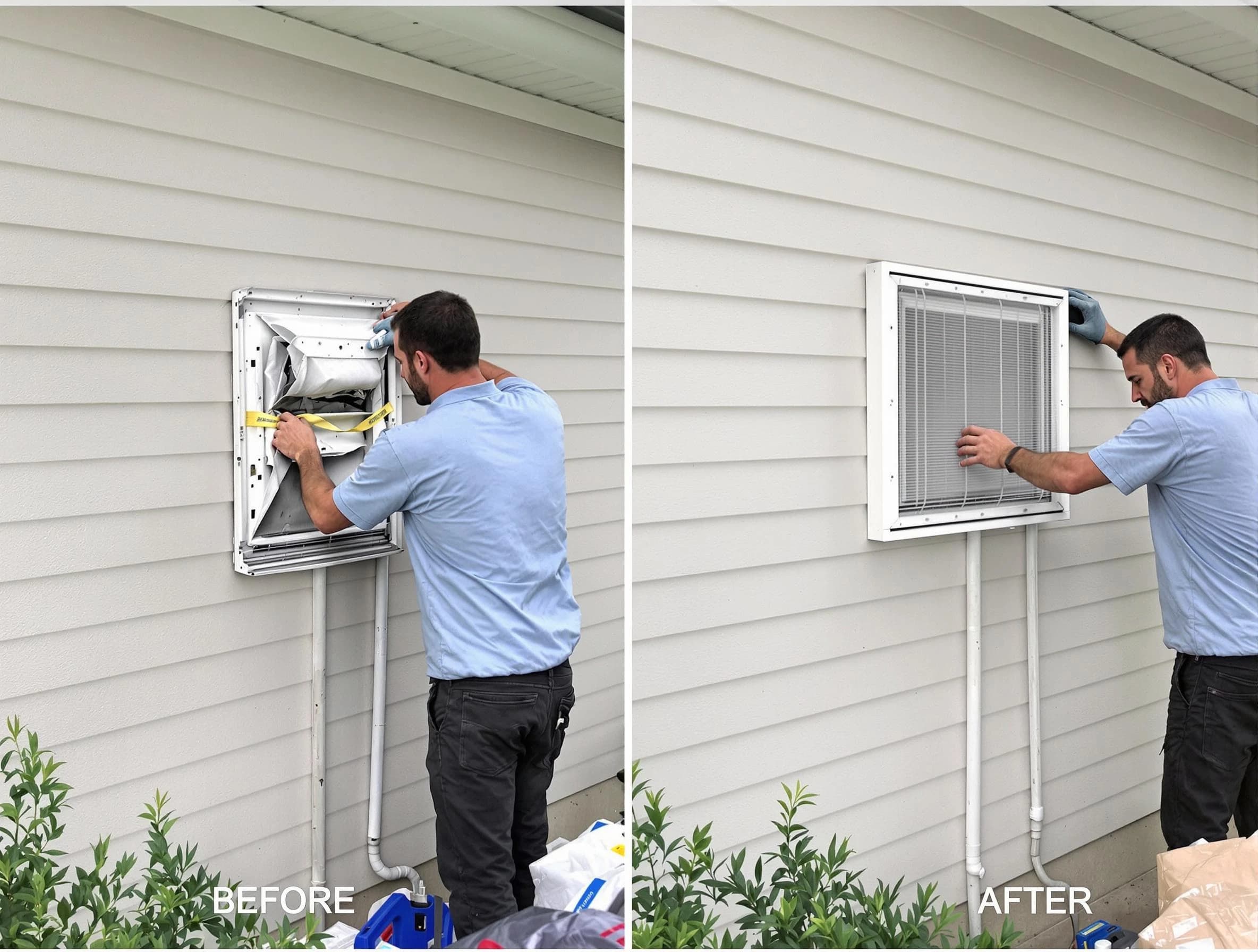 Fitchburg Dryer Vent Cleaning technician installing high-quality dryer vent cover at a residential property in Fitchburg
