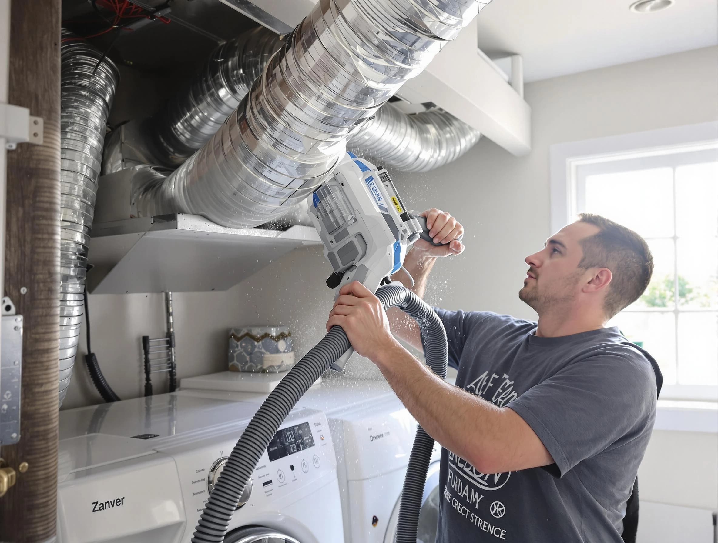 Fitchburg Dryer Vent Cleaning specialist cleaning deep within a dryer vent duct system in Fitchburg